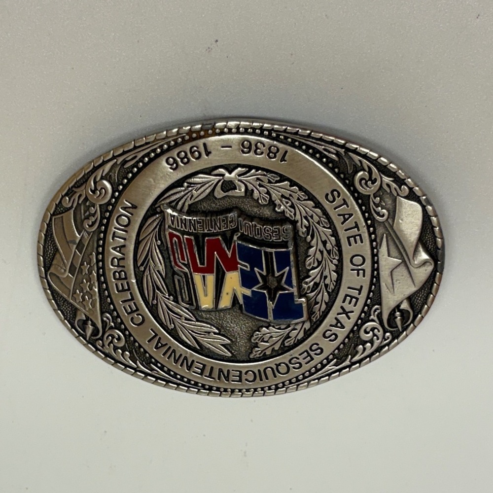 Vintage 1986 Texas Sesquicentennial Belt Buckle Texoma Leather Brass Silver Tone